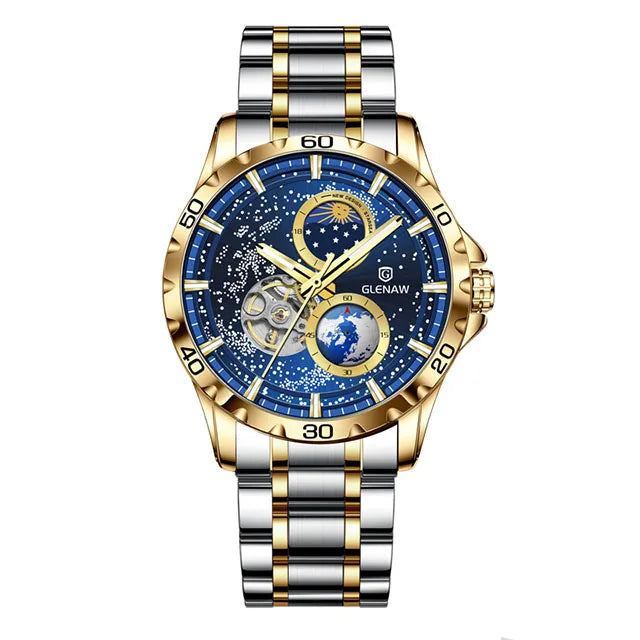 GLENAW Rotating Earth Double Second Hand WristWatch Men Automatic Mechanical Watch Starry Sky Stainless Steel Leather Watchband Usedleon