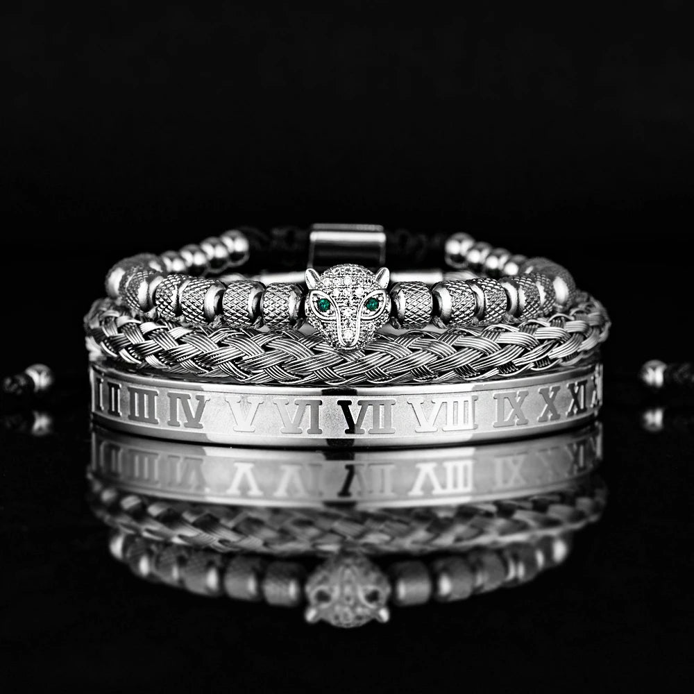 3pcs/set Classical Handmade Braiding Bracelet  Hip Hop Men Pave CZ Leopard Head Roman Numeral Bracelet Stainless Steel Jewelry Usedleon