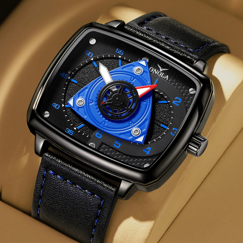ONOLA Men's Quartz Watch Black Red Racing Style Square Dial Watch Black Leather Strap Waterproof Night Light Fashion Watch Usedleon