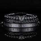 3pcs/set Classical Handmade Braiding Bracelet  Hip Hop Men Pave CZ Leopard Head Roman Numeral Bracelet Stainless Steel Jewelry Usedleon