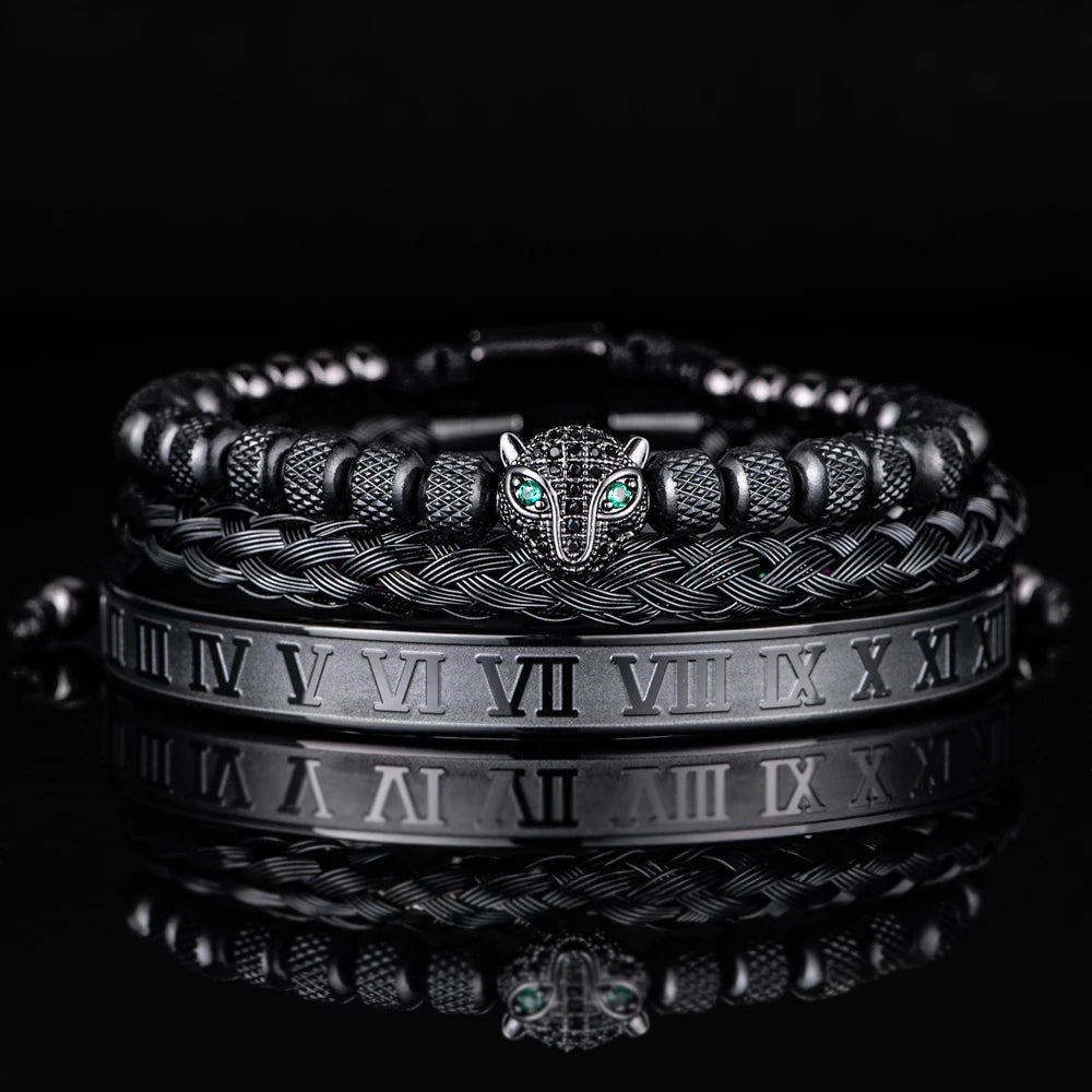 3pcs/set Classical Handmade Braiding Bracelet  Hip Hop Men Pave CZ Leopard Head Roman Numeral Bracelet Stainless Steel Jewelry Usedleon