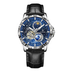 GLENAW Rotating Earth Double Second Hand WristWatch Men Automatic Mechanical Watch Starry Sky Stainless Steel Leather Watchband Usedleon