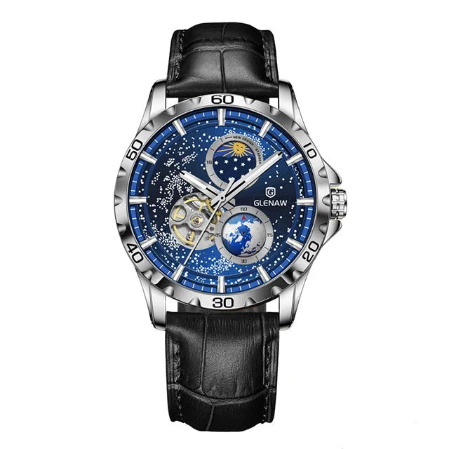 GLENAW Rotating Earth Double Second Hand WristWatch Men Automatic Mechanical Watch Starry Sky Stainless Steel Leather Watchband Usedleon