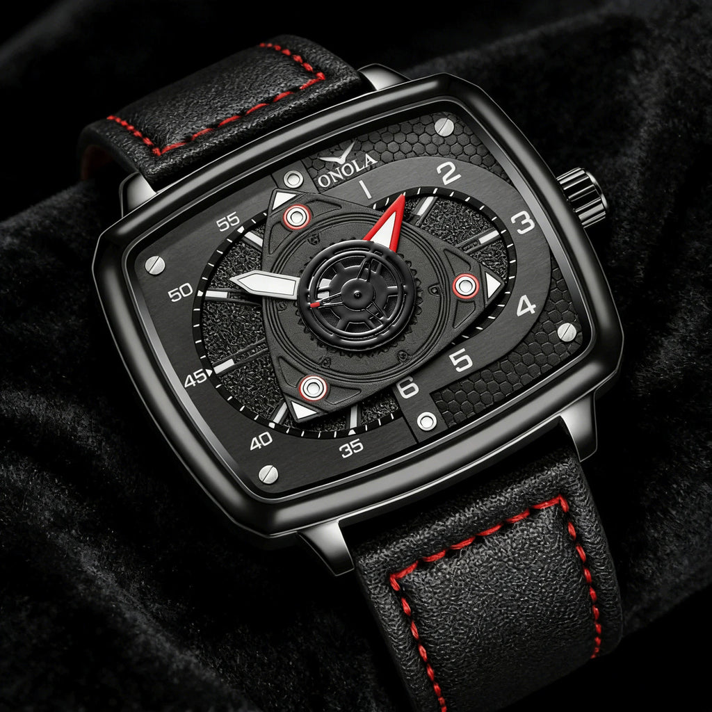 ONOLA Men's Quartz Watch Black Red Racing Style Square Dial Watch Black Leather Strap Waterproof Night Light Fashion Watch Usedleon