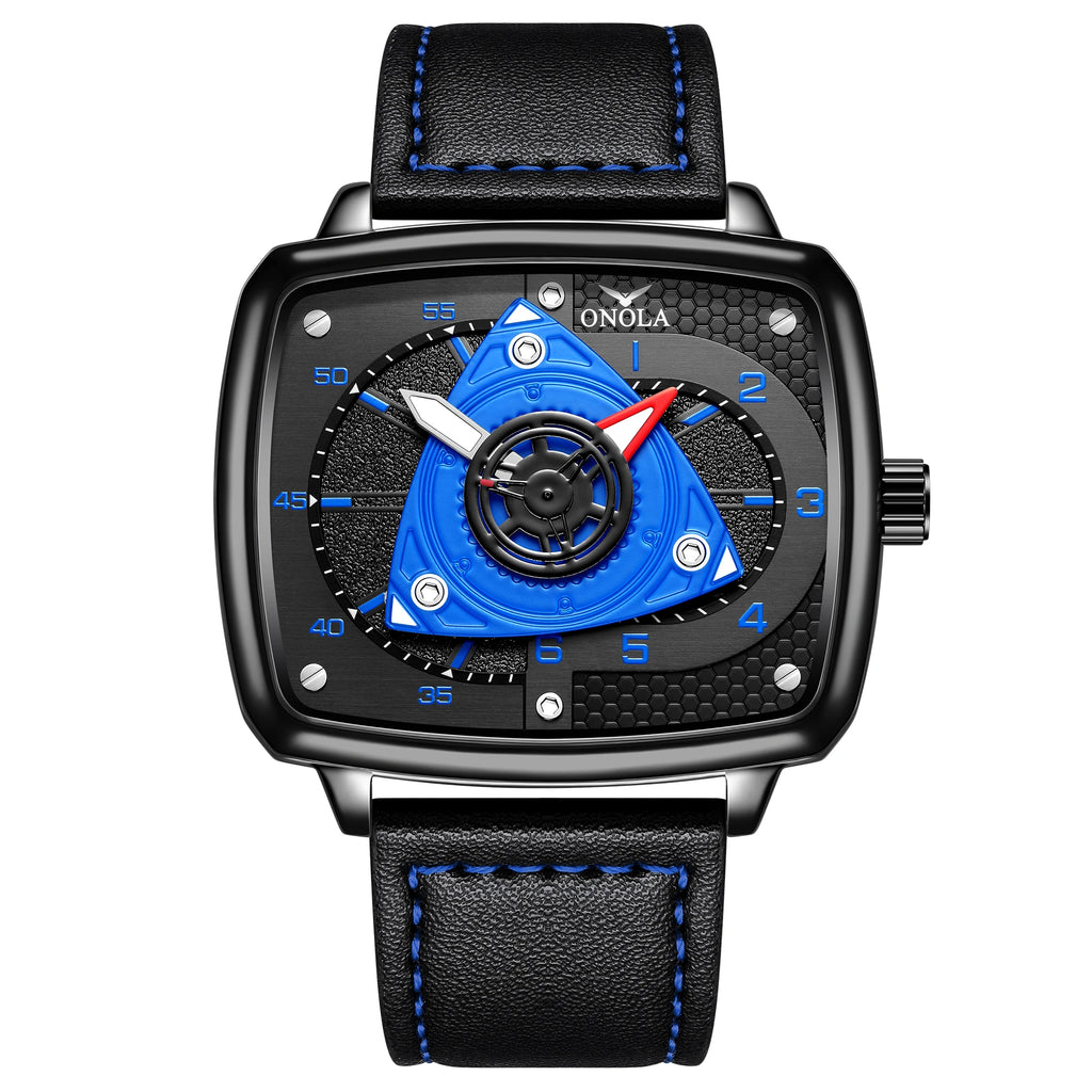 ONOLA Men's Quartz Watch Black Red Racing Style Square Dial Watch Black Leather Strap Waterproof Night Light Fashion Watch Usedleon