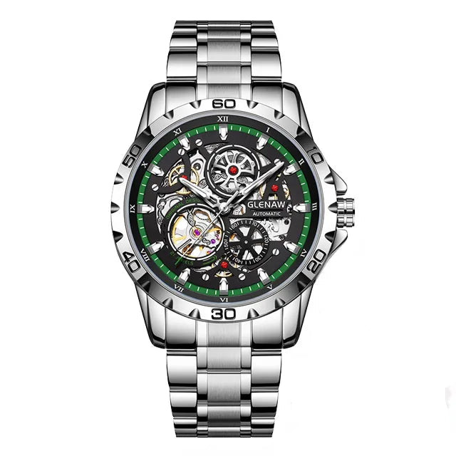 GLENAW Steampunk Skeleton Men's Watch Ring Luxury Automatic Mechanical Watches Luminous waterproof Stainless Steel Strap Watch Usedleon