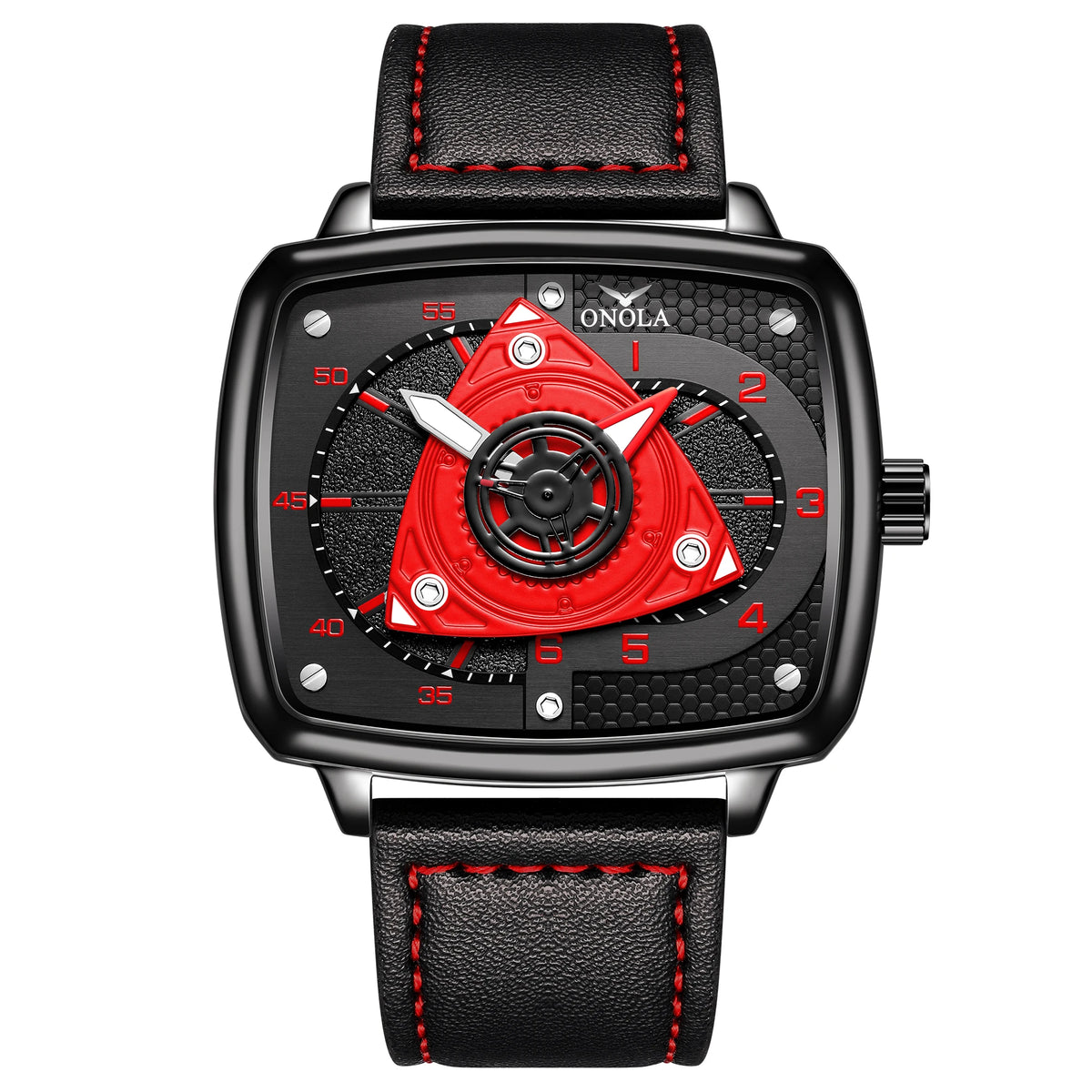 ONOLA Men's Quartz Watch Black Red Racing Style Square Dial Watch Black Leather Strap Waterproof Night Light Fashion Watch Usedleon