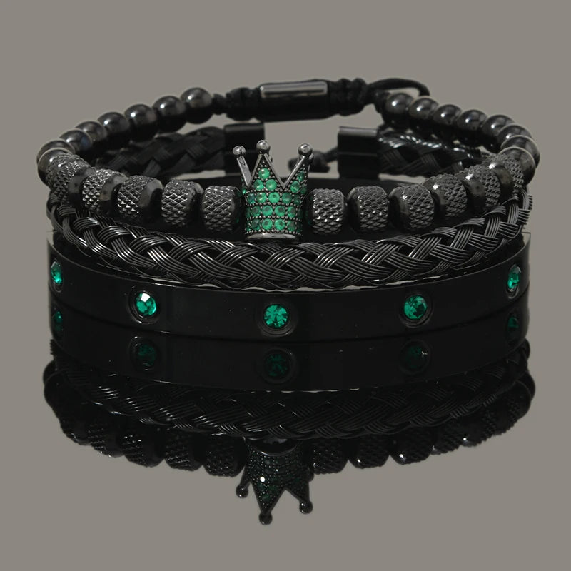 Luxury Set Green Eye Leopard Head Charm Handmade Man Bracelet Crystals Women Stainless Steel Bangles Jewelry Usedleon