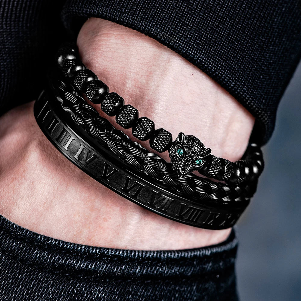 3pcs/set Classical Handmade Braiding Bracelet  Hip Hop Men Pave CZ Leopard Head Roman Numeral Bracelet Stainless Steel Jewelry Usedleon