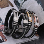 Fashion Stainless Steel Bracelets Men Wrist Band Black Grooved Rudder Silicone Mesh Link Insert Punk Wristband Casual Bangles Usedleon