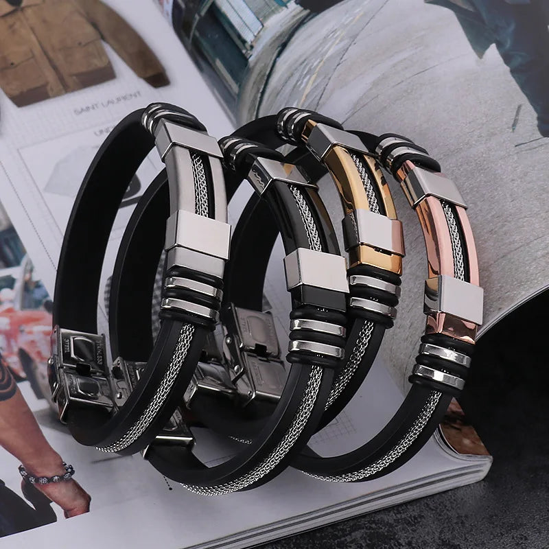 Fashion Stainless Steel Bracelets Men Wrist Band Black Grooved Rudder Silicone Mesh Link Insert Punk Wristband Casual Bangles Usedleon