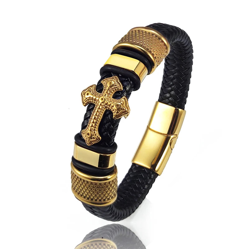 Dark Series Men's Leather Cross Bracelet New Fashion Hand-woven Rope Multi-layer Combination Stainless Steel Male Jewelry Gift Usedleon