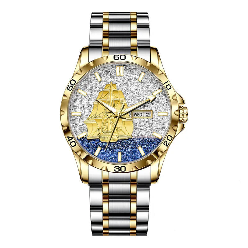 GLENAW Three Dimensional Sailing Dial Design Luxury Automatic Mechanical Watches Luminous waterproof Stainless Steel Strap Watch Usedleon