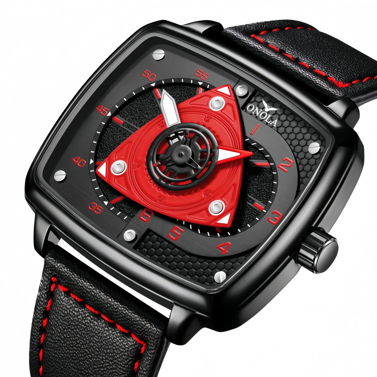 ONOLA Men's Quartz Watch Black Red Racing Style Square Dial Watch Black Leather Strap Waterproof Night Light Fashion Watch Usedleon