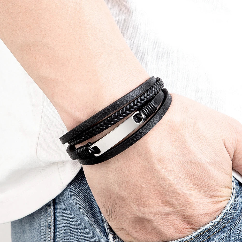 XQNI Multi-layer Braided Leather Wrap Bracelet Men Cool Trend Stainless Steel Casual Buckle Bracelet Jewelry Accessories Gift Usedleon