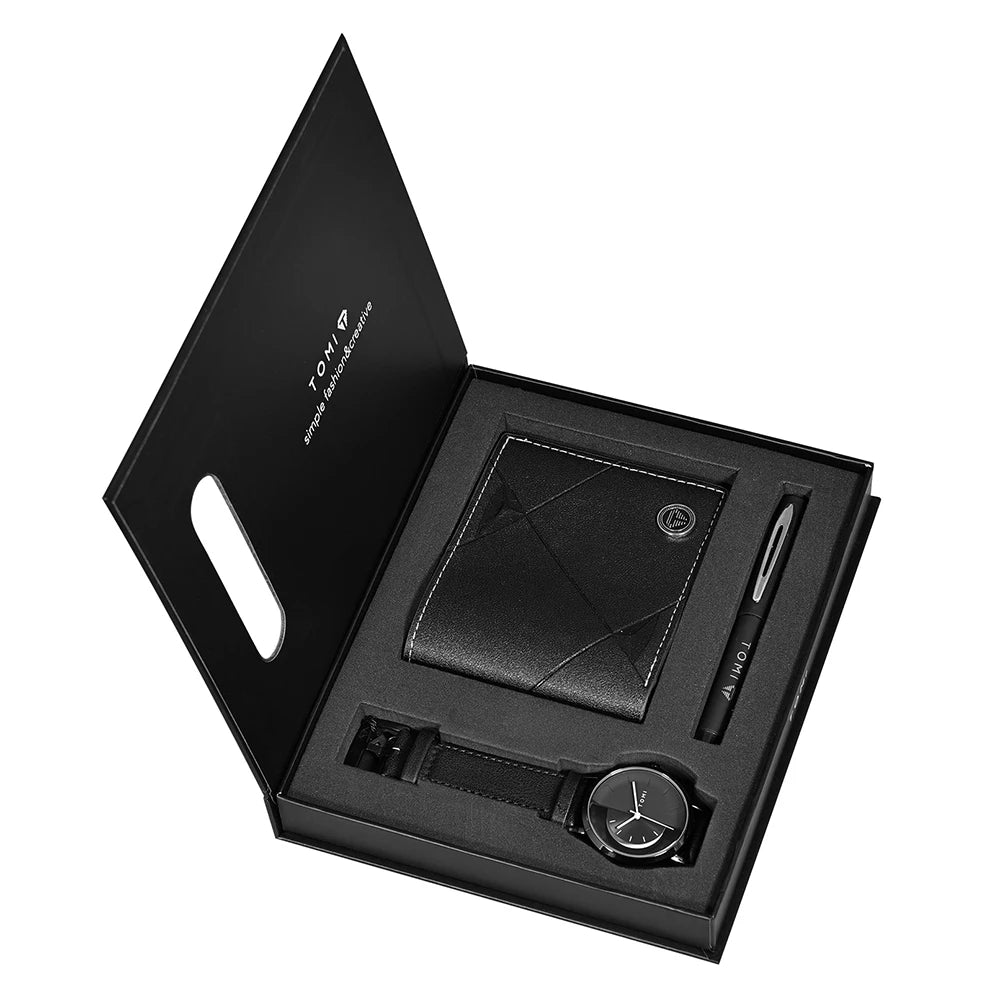 TOMI 3PCS Luxury Business Gift Box Set Men Watch Wallet Simple Leisure Creative Hollow Dial Men Quartz Watch Watch Clock Gifts Usedleon