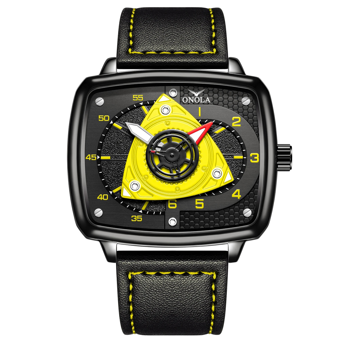 ONOLA Men's Quartz Watch Black Red Racing Style Square Dial Watch Black Leather Strap Waterproof Night Light Fashion Watch Usedleon
