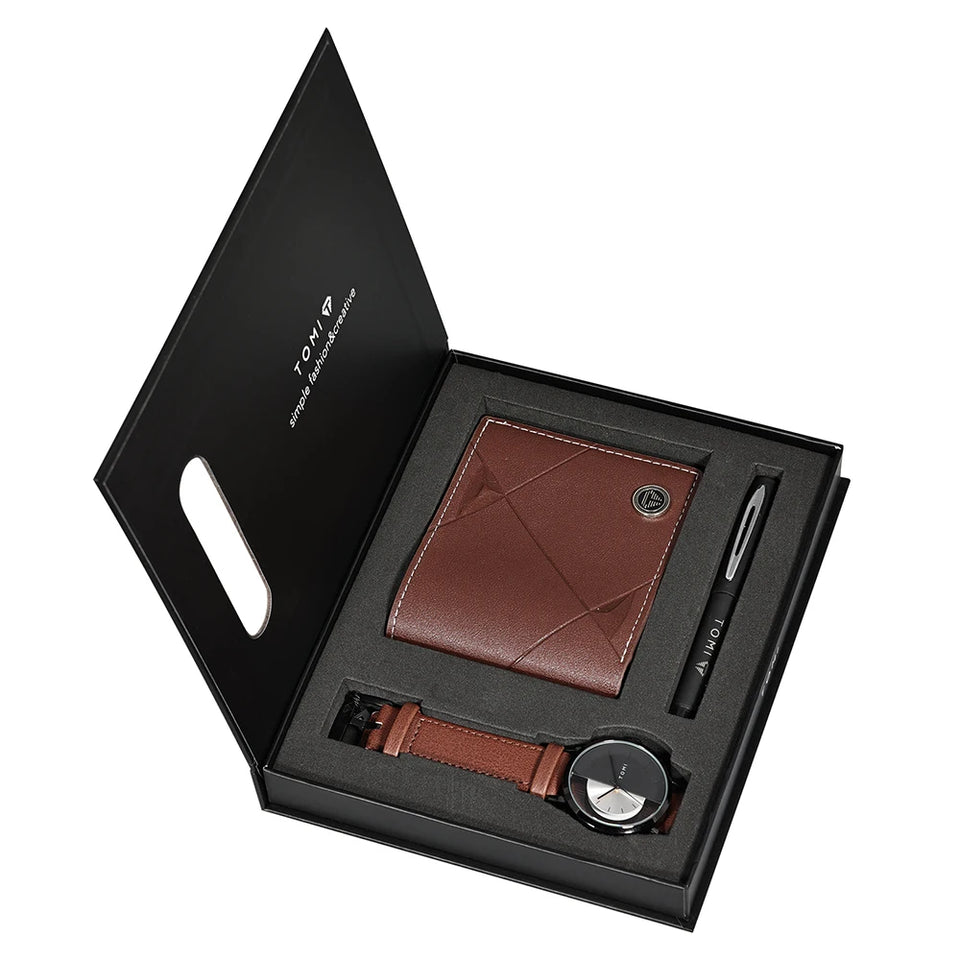 TOMI 3PCS Luxury Business Gift Box Set Men Watch Wallet Simple Leisure Creative Hollow Dial Men Quartz Watch Watch Clock Gifts Usedleon