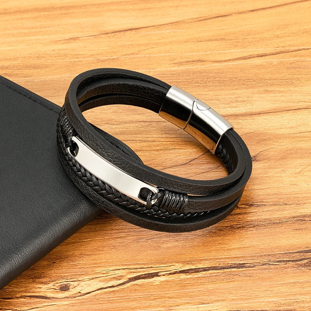 XQNI Multi-layer Braided Leather Wrap Bracelet Men Cool Trend Stainless Steel Casual Buckle Bracelet Jewelry Accessories Gift Usedleon