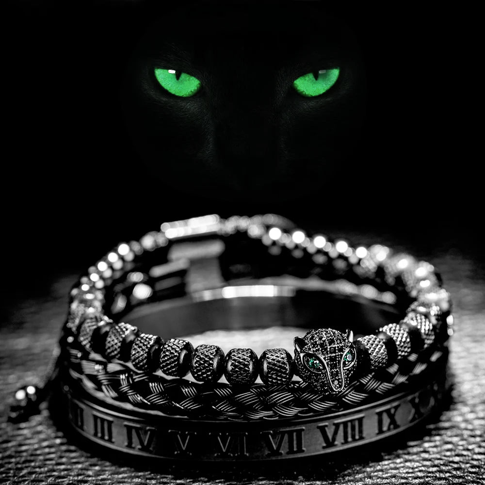 3pcs/set Classical Handmade Braiding Bracelet  Hip Hop Men Pave CZ Leopard Head Roman Numeral Bracelet Stainless Steel Jewelry Usedleon