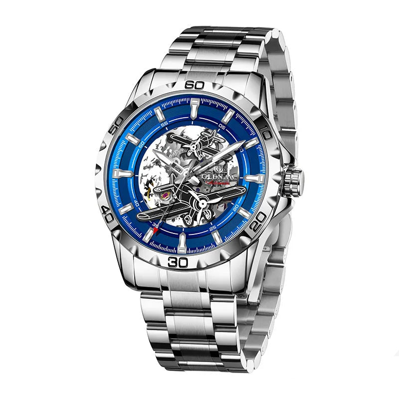GLENAW New Pilot Series Men Watches Hollow Luxury Automatic Mechanical Watches Luminous waterproof Stainless Steel Strap Watch Usedleon